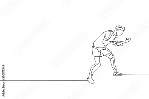 One single line drawing of young energetic man table tennis player ready to ball serving vector illustration. Sport training concept. Modern continuous line draw design for ping pong tournament banner
