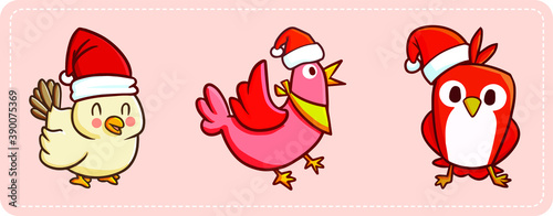 Funny and cute chickens and bird wearing Santa's hat for christmas party