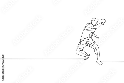 One continuous line drawing of young sporty man table tennis player hold the opponent ball. Competitive sport concept. Single line draw design vector illustration for ping pong championship poster © Simple Line