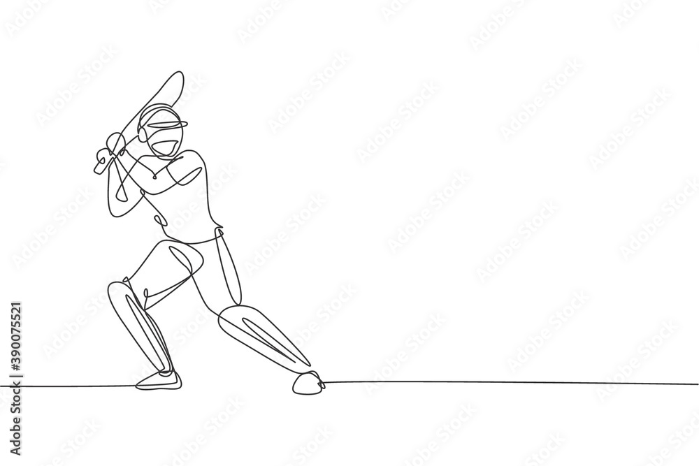 One continuous line drawing of young happy man cricket player standing to practice bat swing vector illustration. Competitive sport concept. Dynamic single line draw design for advertisement poster One continuous line drawing of young happy man cricket player standing to practice bat swing vector illustration. Competitive sport concept. Dynamic single line draw design for advertisement poster