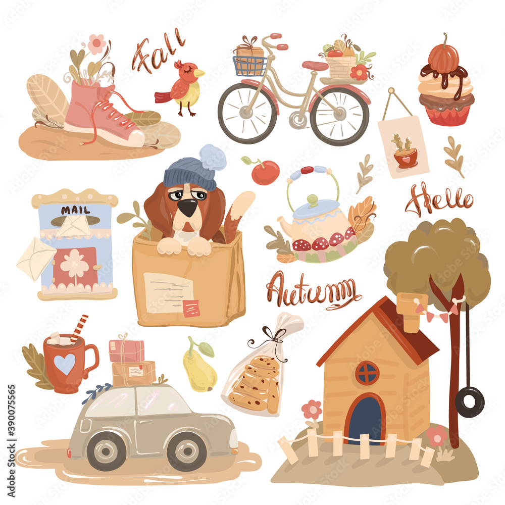 Autumn postcard. Set of vector icons on the theme of hello autumn. Collection of cute seasonal elements. Vector for design, typography cards and posters.