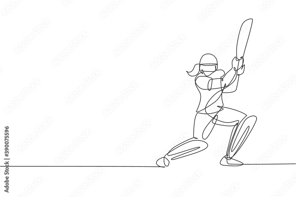 One continuous line drawing of young happy woman cricket player focus to hit the ball at field vector illustration. Competitive sport concept. Dynamic single line draw design for advertisement poster