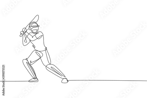 One continuous line drawing of young happy man cricket player standing to practice bat swing vector illustration. Competitive sport concept. Dynamic single line draw design for advertisement poster