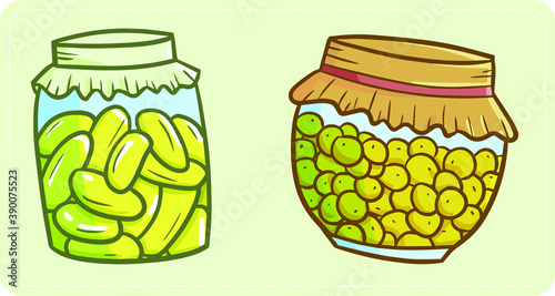 Cute and funny yellow green pickles in a jar