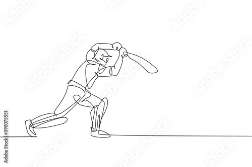 One single line drawing of young energetic man cricket player standing to hit the ball vector illustration. Competitive sport concept. Modern continuous line draw design for cricket competition banner