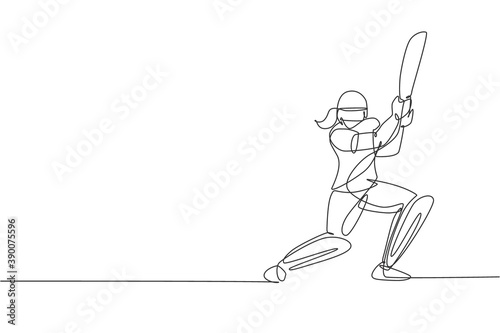 One continuous line drawing of young happy woman cricket player focus to hit the ball at field vector illustration. Competitive sport concept. Dynamic single line draw design for advertisement poster