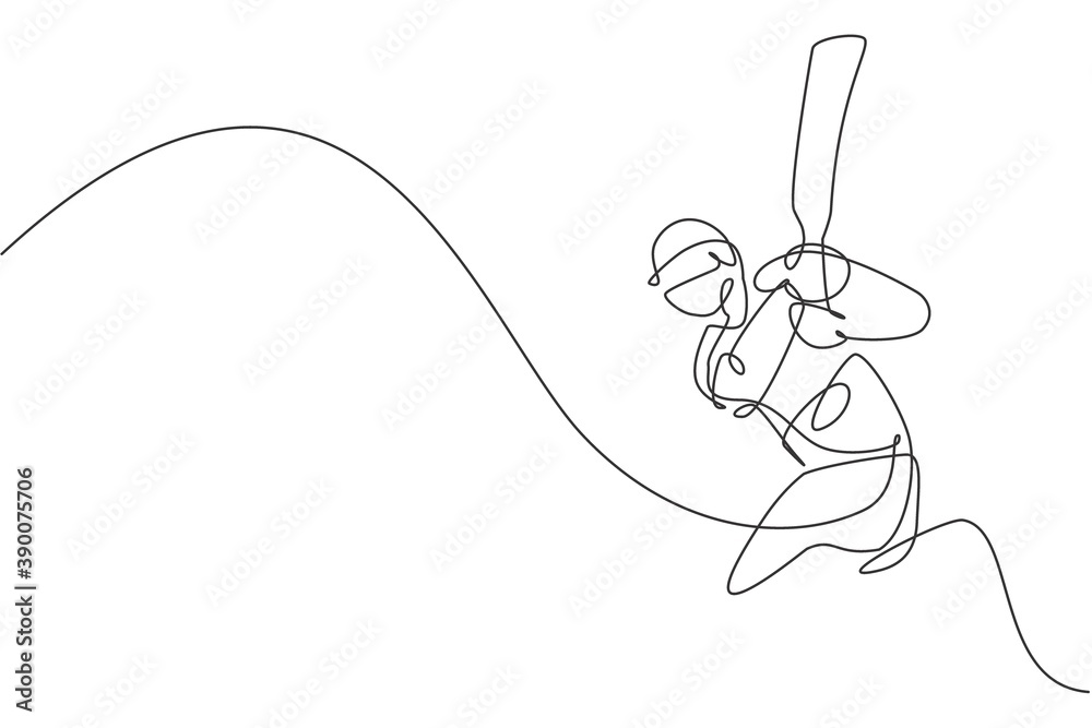 One continuous line drawing of young happy man cricket player hit the ball at competition vector illustration. Competitive sport concept. Dynamic single line draw design for sport advertisement poster