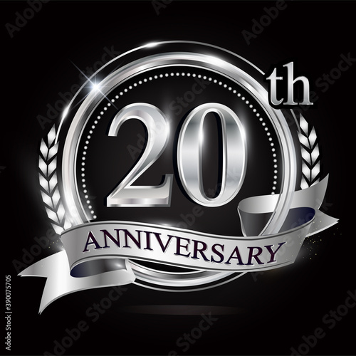 Obraz na płótnie Celebrating 20th anniversary logo, with silver ring and ribbon. w salonie