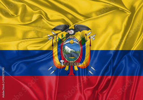 Ecuador flag waving in the wind. National flag on satin cloth surface texture. Background for international concept. photo