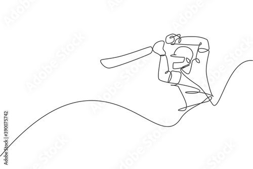 One single line drawing young energetic man cricket player hit the ball homerun at stadium graphic vector illustration. Sport concept. Modern continuous line draw design for cricket competition banner