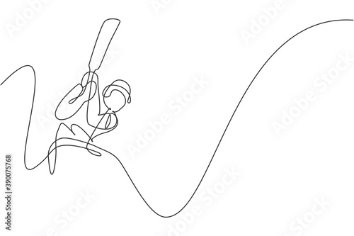 One continuous line drawing of young happy man cricket player swing cricket bat hard at field vector illustration. Competitive sport concept. Dynamic single line draw design for advertisement poster