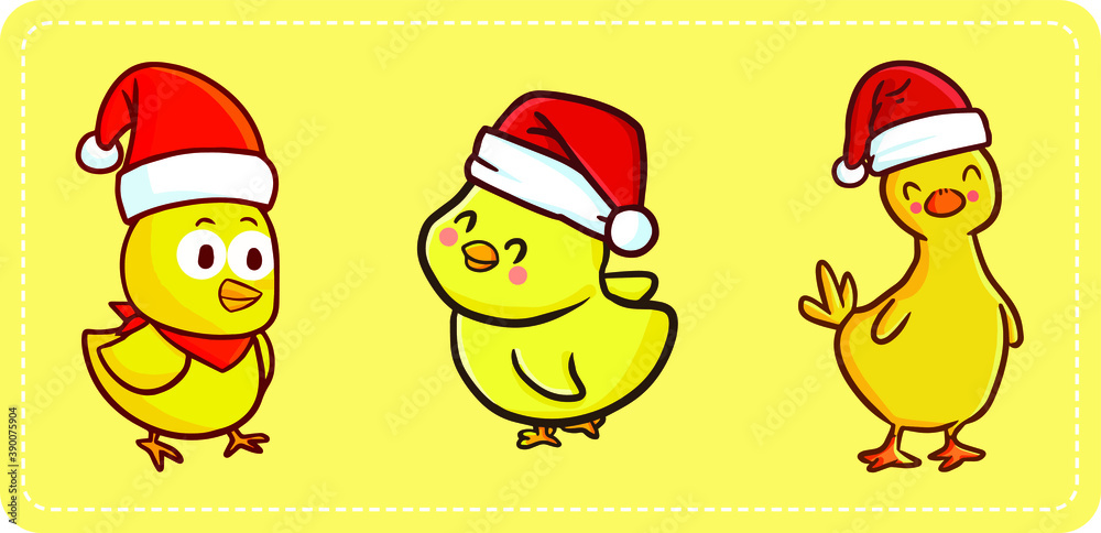 Funny and cute three little duck or chicken wearing Santa's hat for Christmas celebration Funny and cute three little duck or chicken wearing Santa's hat for Christmas celebration