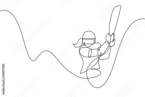 One single line drawing of young energetic woman cricket player hit the ball at cricket tournament vector illustration. Sport concept. Modern continuous line draw design for cricket competition banner