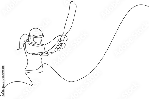 Single continuous line drawing of young agile woman cricket player stance focus to hit the ball vector illustration. Sport exercise concept. Trendy one line draw design for cricket promotion media
