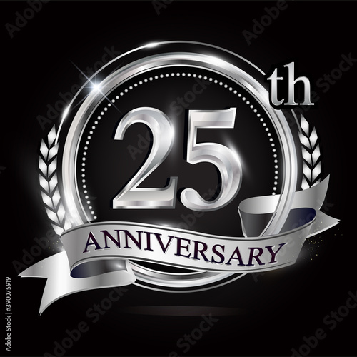 Obraz na płótnie Celebrating 25th anniversary logo, with silver ring and ribbon. w salonie