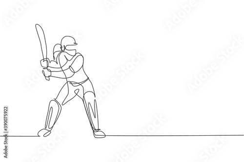 One single line drawing of young energetic woman cricket player stance standing to receive a ball vector illustration. Sport concept. Modern continuous line draw design for cricket competition banner