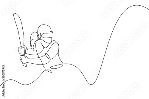 One continuous line drawing of young happy woman cricket player practice to hit ball seriously vector illustration. Competitive sport concept. Dynamic single line draw design for advertisement poster