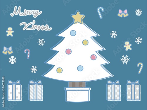 ボールのオーナメントの白いクリスマスツリー・主線あり