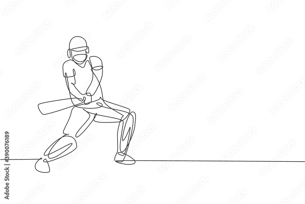 Single continuous line drawing of young agile man cricket player standing ready to hit the ball vector illustration. Sport exercise concept. Trendy one line draw design for cricket promotion media