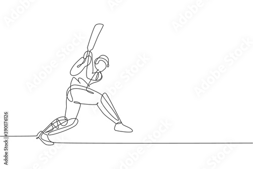 One single line drawing young energetic man cricket player hit the ball to make home run graphic vector illustration. Sport concept. Modern continuous line draw design for cricket competition banner
