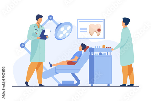 Dentist examining boy in dental chair. Doctor, tooth, visit flat vector illustration. Stomatology and dentistry concept for banner, website design or landing web page