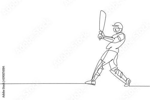 Single continuous line drawing of young agile man cricket player successfully hit the ball at field vector illustration. Sport exercise concept. Trendy one line draw design for cricket promotion media