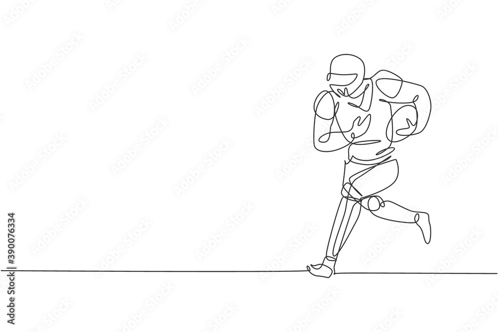 Single continuous line drawing of young agile american football player running fast to avoid rival team for competition media. Sport exercise concept. Trendy one line draw design vector illustration