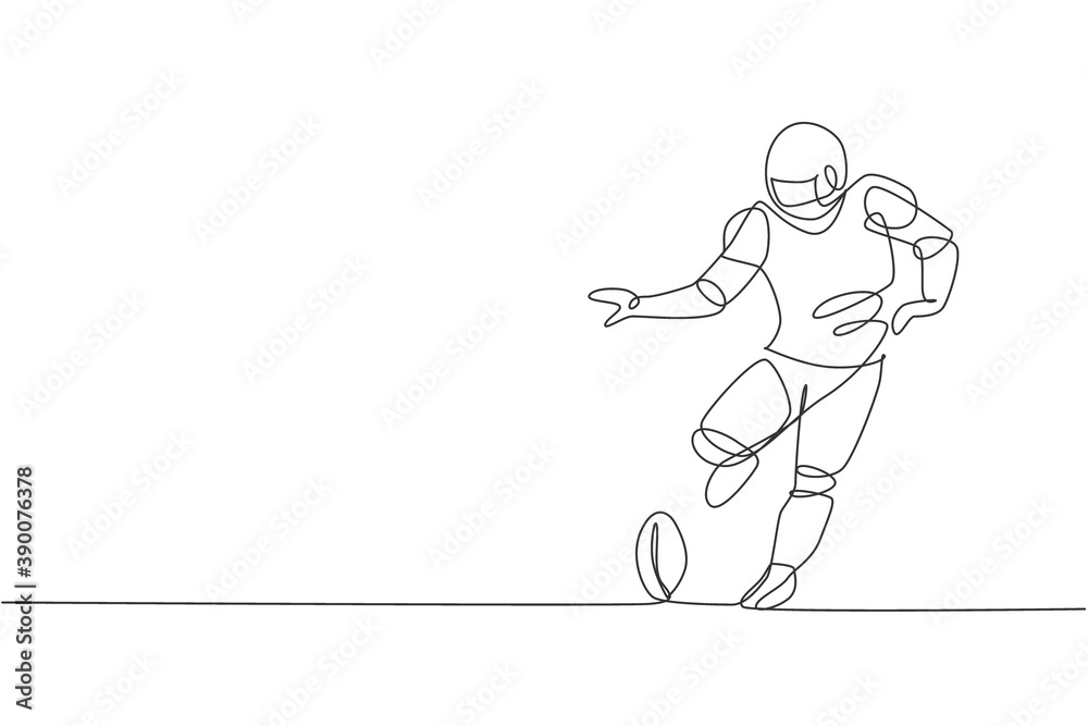 One continuous line drawing of young sporty american football player kicking the ball hard at arena for competition poster. Sport teamwork concept. Dynamic single line draw design vector illustration