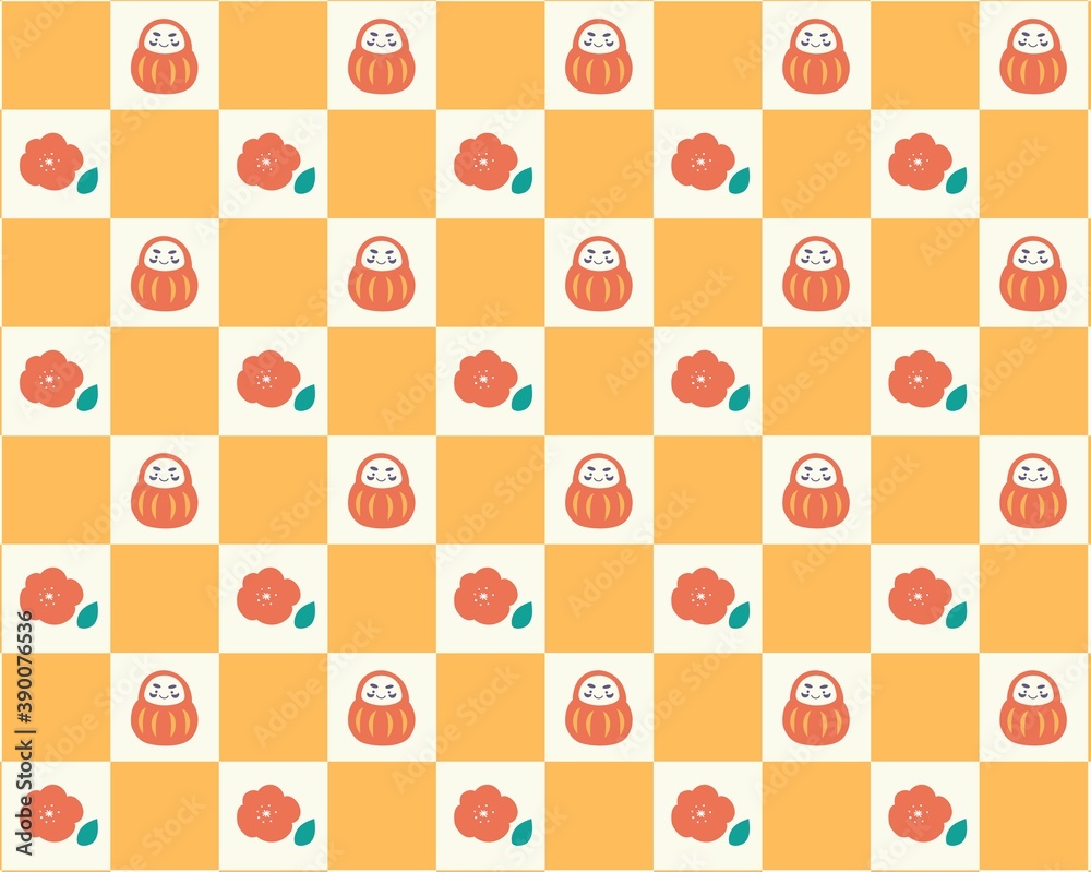 正月格子柄 だるま椿パターン背景素材(黄) 正月格子柄 だるま椿パターン背景素材(黄)