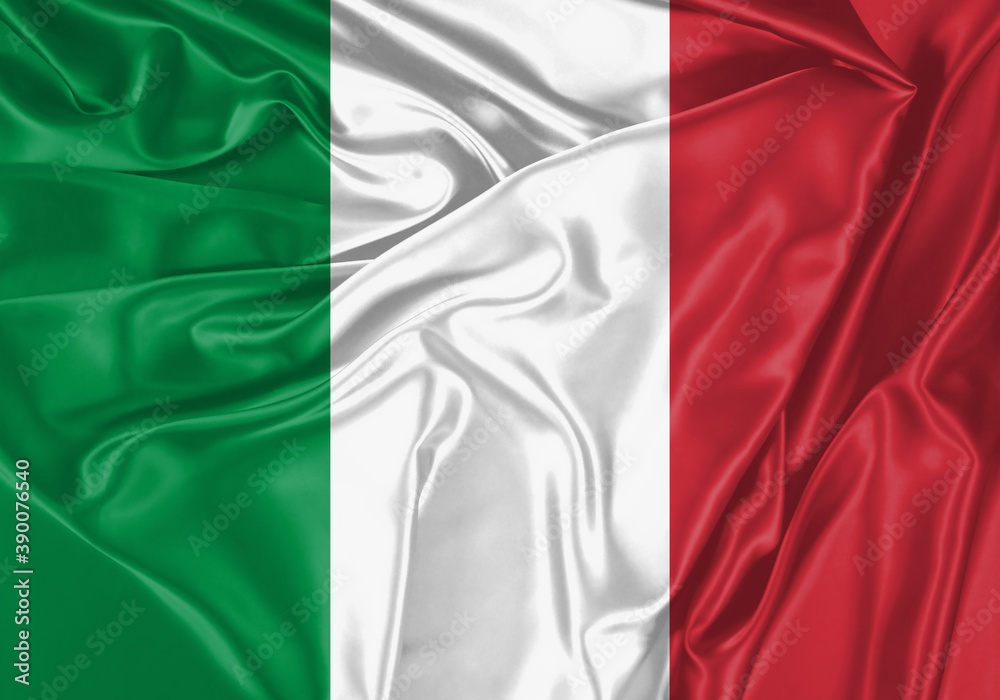 Italy flag waving in the wind. National flag on satin cloth surface texture. Background for international concept.
