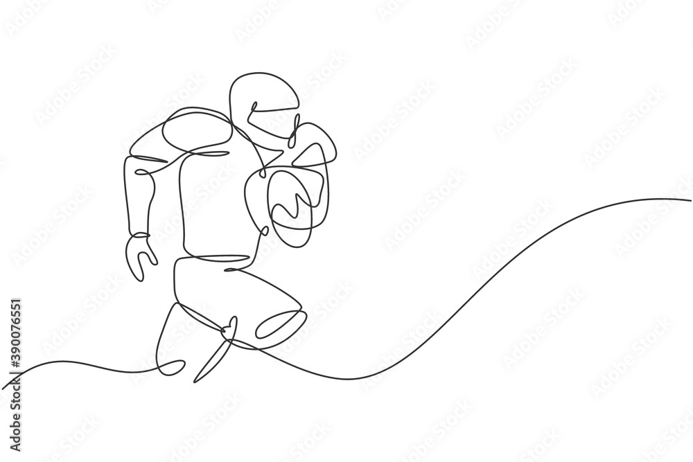 One continuous line drawing of young muscular man american football player running and hold the ball for competition poster. Sport teamwork concept. Dynamic single line draw design vector illustration One continuous line drawing of young muscular man american football player running and hold the ball for competition poster. Sport teamwork concept. Dynamic single line draw design vector illustration