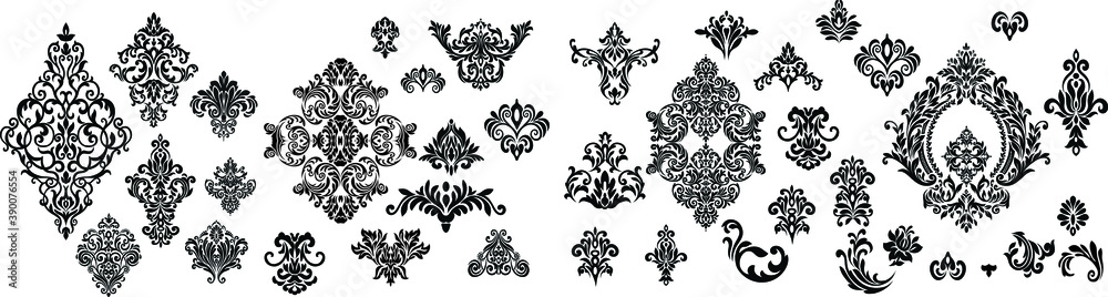 Set of Oriental vector damask patterns for greeting cards and wedding invitations.