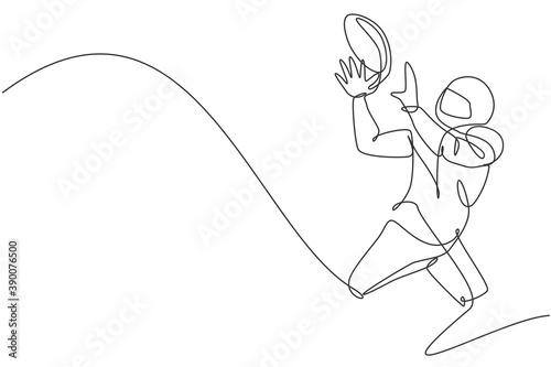 Single continuous line drawing of young agile man american football player exercising to catch the ball for competition media. Sport exercise concept. Trendy one line draw design vector illustration