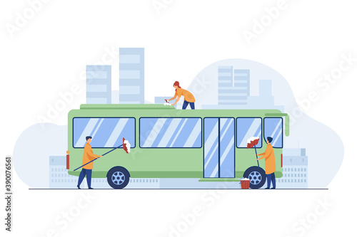 Workers cleaning and washing bus. Vehicle, detergent, work flat vector illustration. Service and public transport concept for banner, website design or landing web page