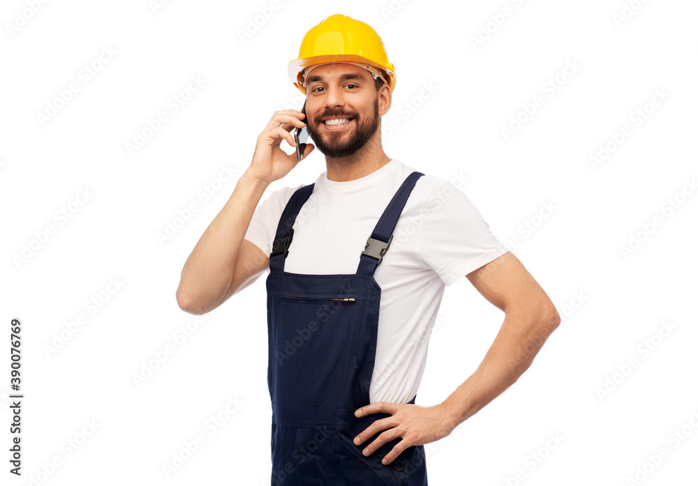 profession, construction and building - happy smiling male worker or builder in yellow helmet and overall calling on smartphone over white background profession, construction and building - happy smiling male worker or builder in yellow helmet and overall calling on smartphone over white background