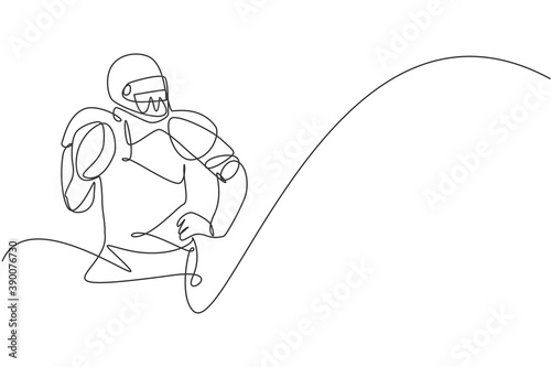 One single line drawing of energetic american football player stance to pass the ball for national league promotion. Sport competition concept. Modern continuous line draw design vector illustration