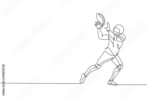 One continuous line drawing young american football player catch the ball from his teammate for competition poster. Sport teamwork concept. Dynamic single line draw design graphic vector illustration