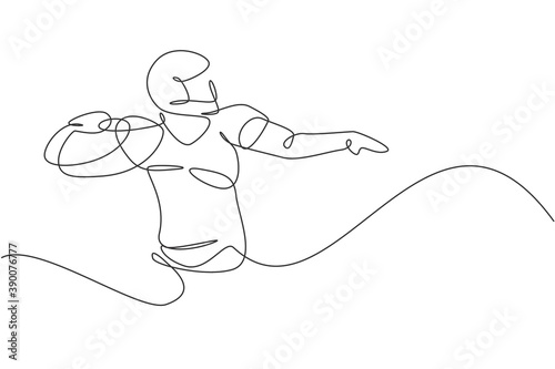 One continuous line drawing young powerful american football player posing to pass the ball for competition poster. Sport teamwork concept. Dynamic single line draw design graphic vector illustration