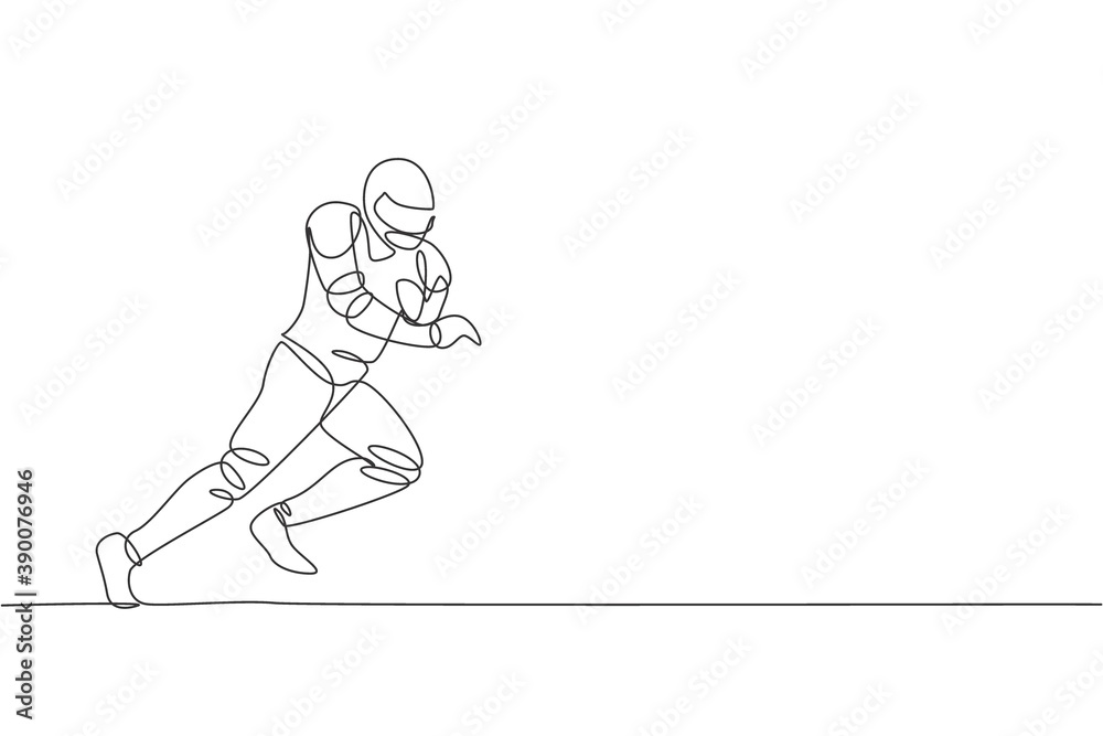 Single continuous line drawing young agile american football player running fast to score a goal for competition media. Sport exercise concept. Trendy one line draw design vector graphic illustration