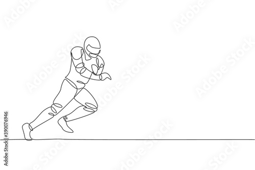 Single continuous line drawing young agile american football player running fast to score a goal for competition media. Sport exercise concept. Trendy one line draw design vector graphic illustration