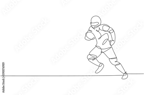 Single continuous line drawing of young agile american football player hold the ball and avoid opponents for competition media. Sport exercise concept. Trendy one line draw design vector illustration
