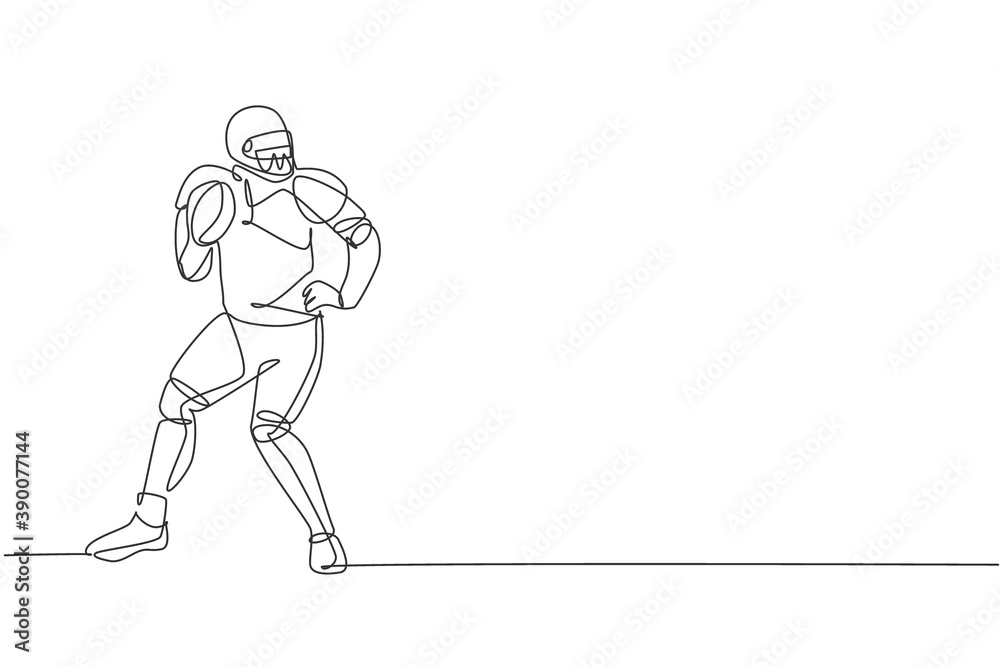 Single continuous line drawing of young agile man american football player stand stance to pass the ball for competition media. Sport exercise concept. Trendy one line draw design vector illustration