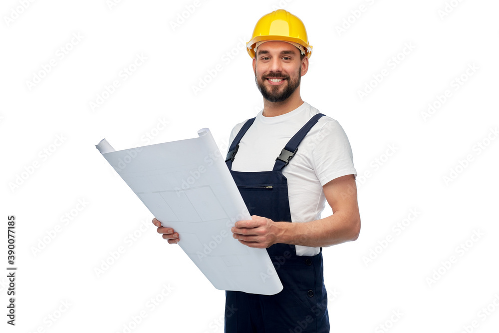 profession, construction and building - happy smiling male worker or builder in helmet with blueprint over white background profession, construction and building - happy smiling male worker or builder in helmet with blueprint over white background