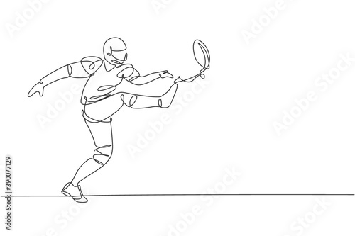 One single line drawing of energetic american football player kicking the ball hard at arena for league promotion. Sport competition concept. Modern continuous line draw design vector illustration