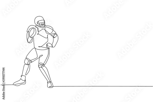 Single continuous line drawing of young agile man american football player stand stance to pass the ball for competition media. Sport exercise concept. Trendy one line draw design vector illustration