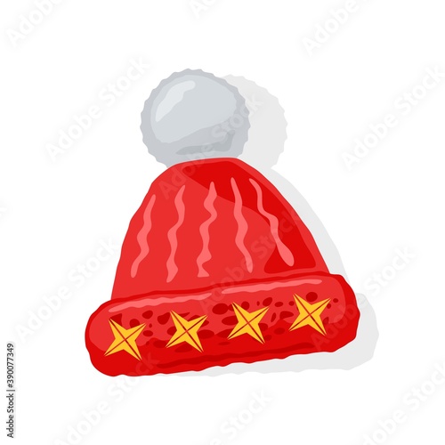 Red knitted. skully winter hat with white pompom or bobble and yellow four pointed stars. Winter clothes. Christmas decoration for spruce, pine. Vector cartoon isolated illustration for seasonal sale.