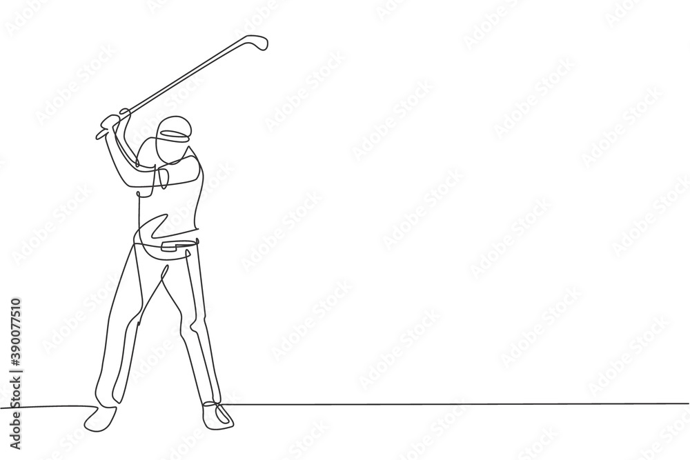Single continuous line drawing of young happy golf player swing the golf club to hit the ball