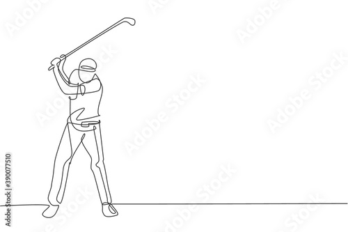 Single continuous line drawing of young happy golf player swing the golf club to hit the ball. Hobby sport concept. Trendy one line draw design vector illustration for golf tournament promotion media