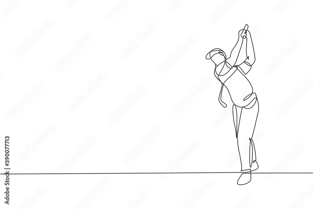 One continuous line drawing of young golf player swing golf club and hit the ball. Leisure sport concept. Dynamic single line draw design vector illustration graphic for tournament promotion media One continuous line drawing of young golf player swing golf club and hit the ball. Leisure sport concept. Dynamic single line draw design vector illustration graphic for tournament promotion media