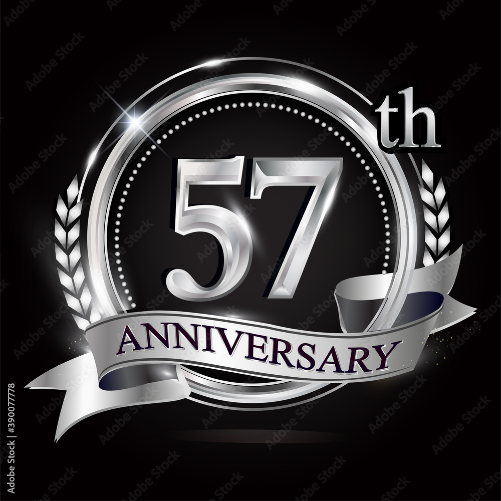 Celebrating 57th anniversary logo, with silver ring and ribbon.